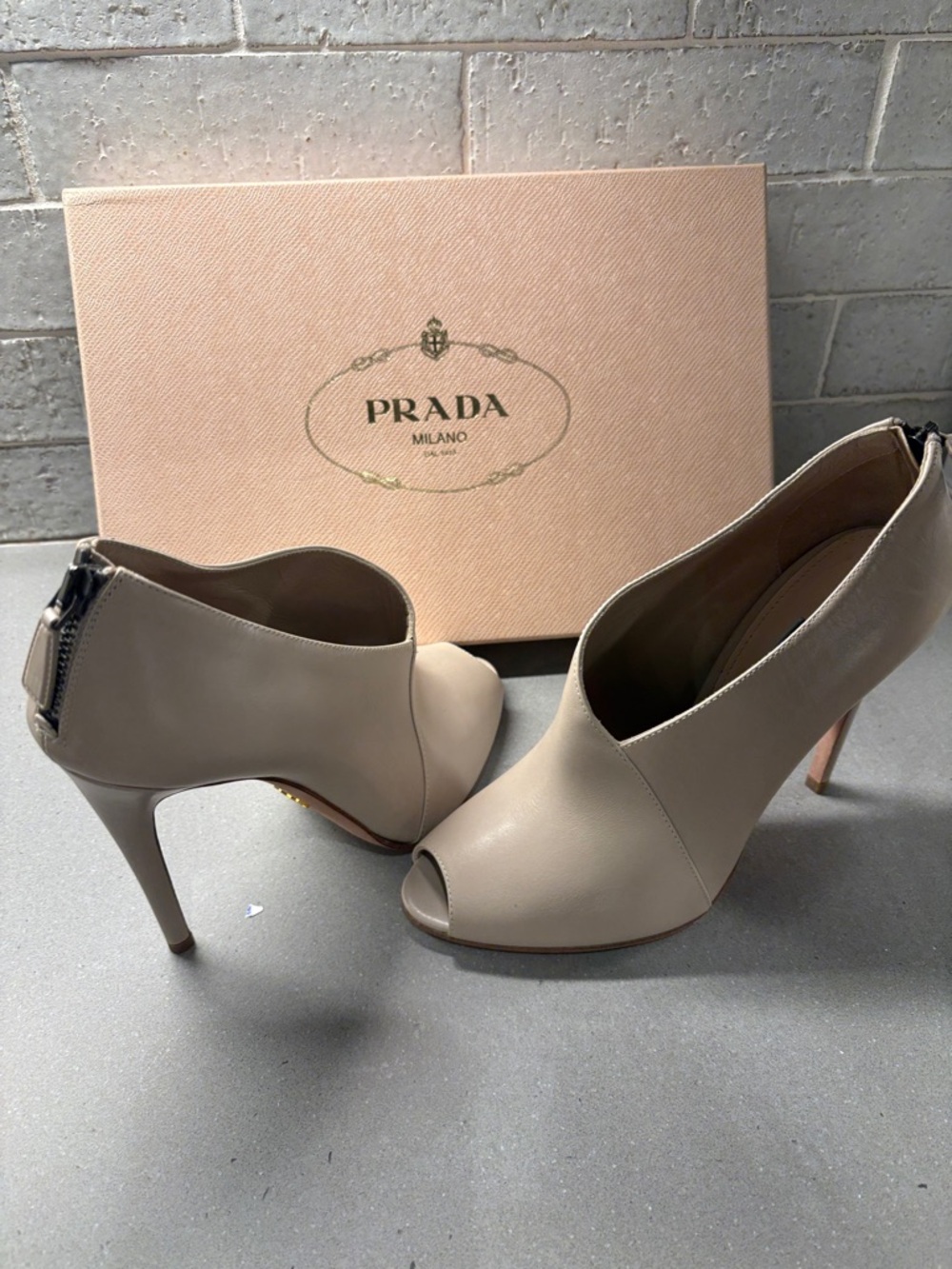 Prada Beige Peep-Toe Leather Stiletto Booties